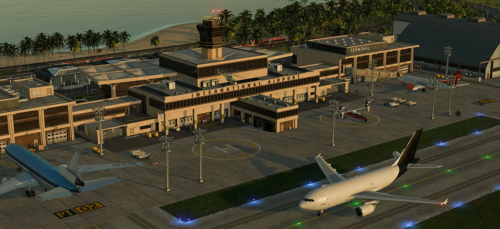 A Transport Fever 3 international airport by a tropical beach, with a control tower, terminals, helipads, a passenger jet on the taxiway and a train passing behind