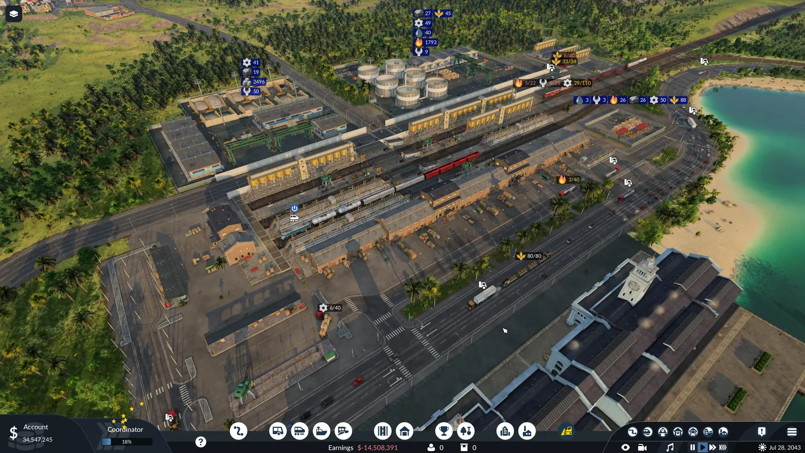 A large Transport Fever 3 cargo hub by the sea, with a rail freight yard, trucks, oil tanks and harbor sheds