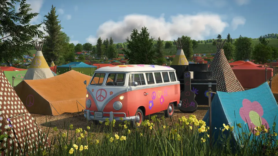 A camper van painted with peace signs and flowers among tents and teepees at a music festival in Transport Fever 3, from the campaign's fourth mission