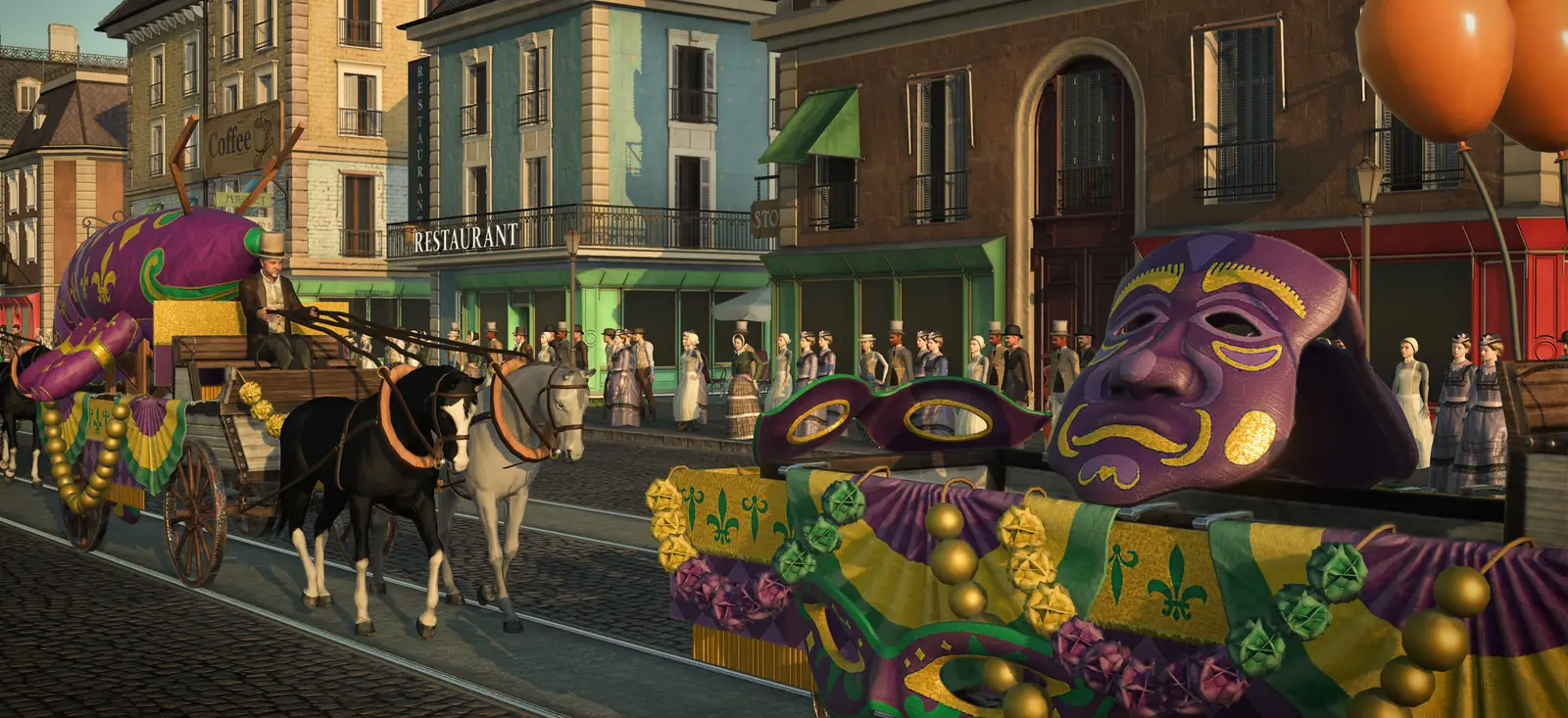 A Mardi Gras parade in a New Orleans street in Transport Fever 3: a horse-drawn float with a giant purple and gold mask, and crowds in period dress outside the shops