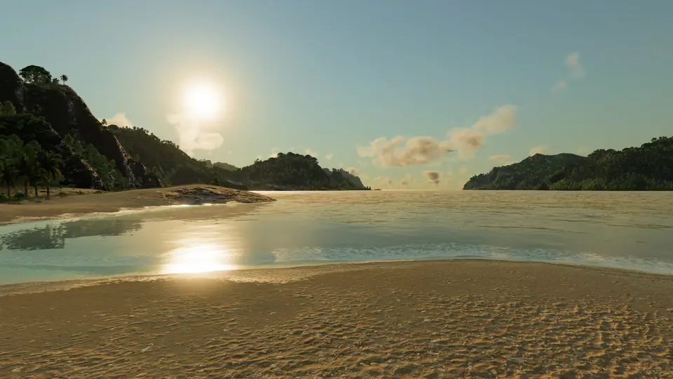 A sunny tropical beach on a calm bay, with green wooded islands across the water, in Transport Fever 3, from the campaign's sixth mission