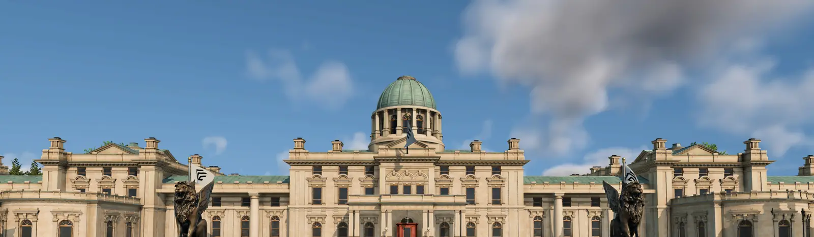 A grand Transport Fever 3 company headquarters with a green dome and two statues in front, seen from the street