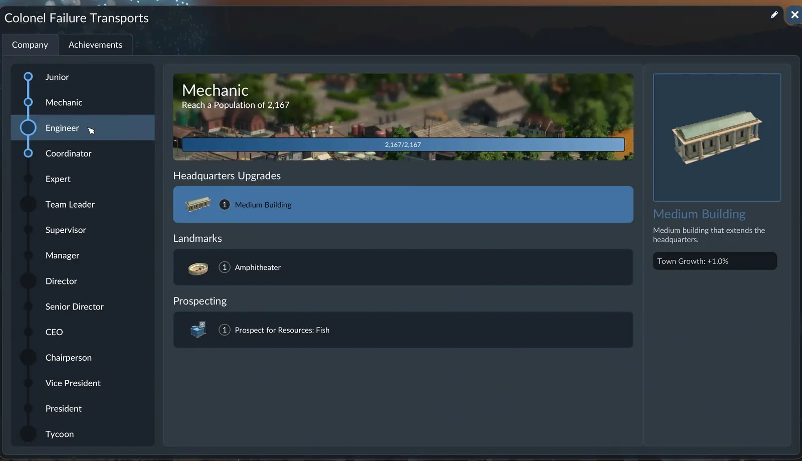 The Transport Fever 3 company window listing fifteen ranks from Junior to Tycoon, with the Mechanic rank and its unlocks shown