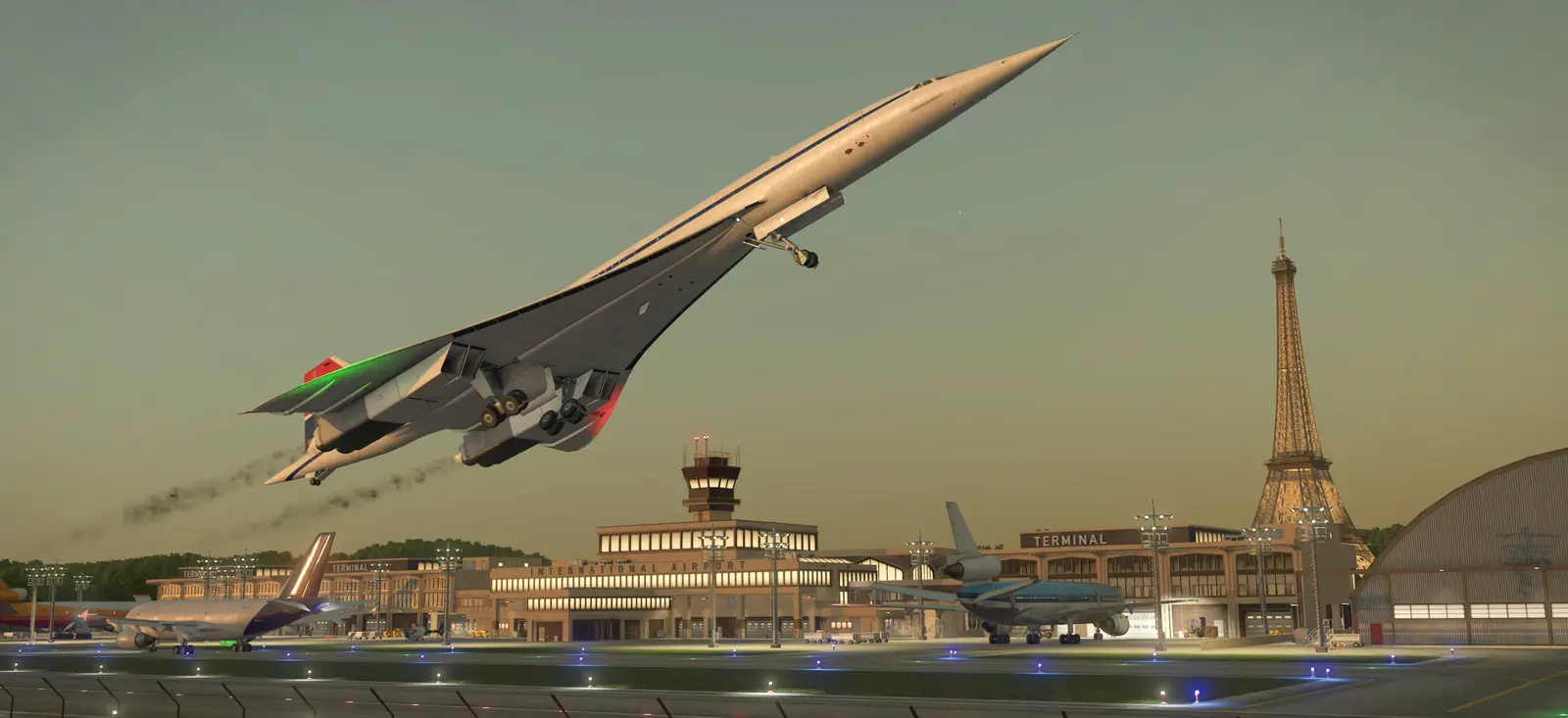 The Deluxe Edition Concorde climbing away from a Transport Fever 3 airport at dusk, with the Eiffel Tower landmark beside the terminal
