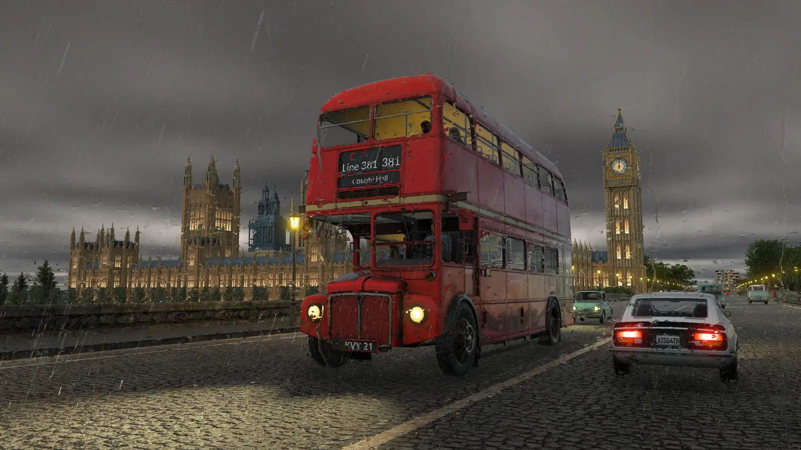 The red double-decker London Bus from the Transport Fever 3 Deluxe Edition on a wet cobbled bridge in the rain, with a Gothic palace and a clock tower behind