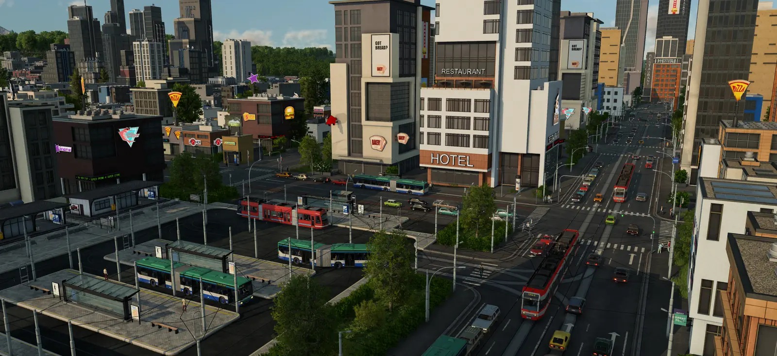 A busy Transport Fever 3 bus and tram station downtown, with green and blue buses at covered platforms, red trams on the avenue and high-rise towers behind