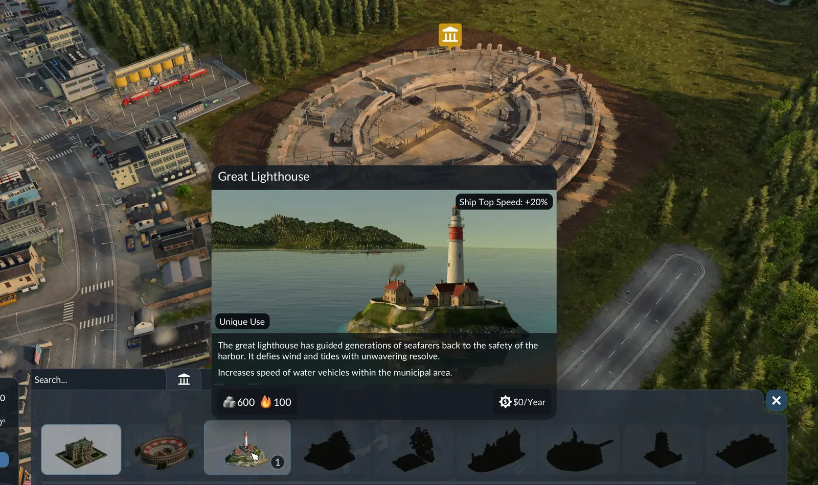 The Transport Fever 3 landmark menu with the Great Lighthouse selected in front of a landmark construction site