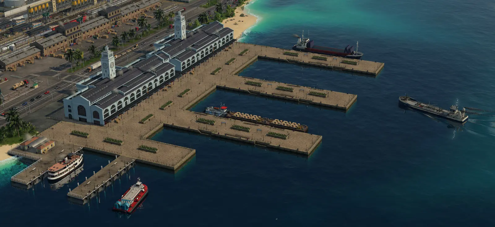 A large Transport Fever 3 harbor seen from above, with a white terminal building, long piers, a passenger ferry and cargo ships on turquoise water