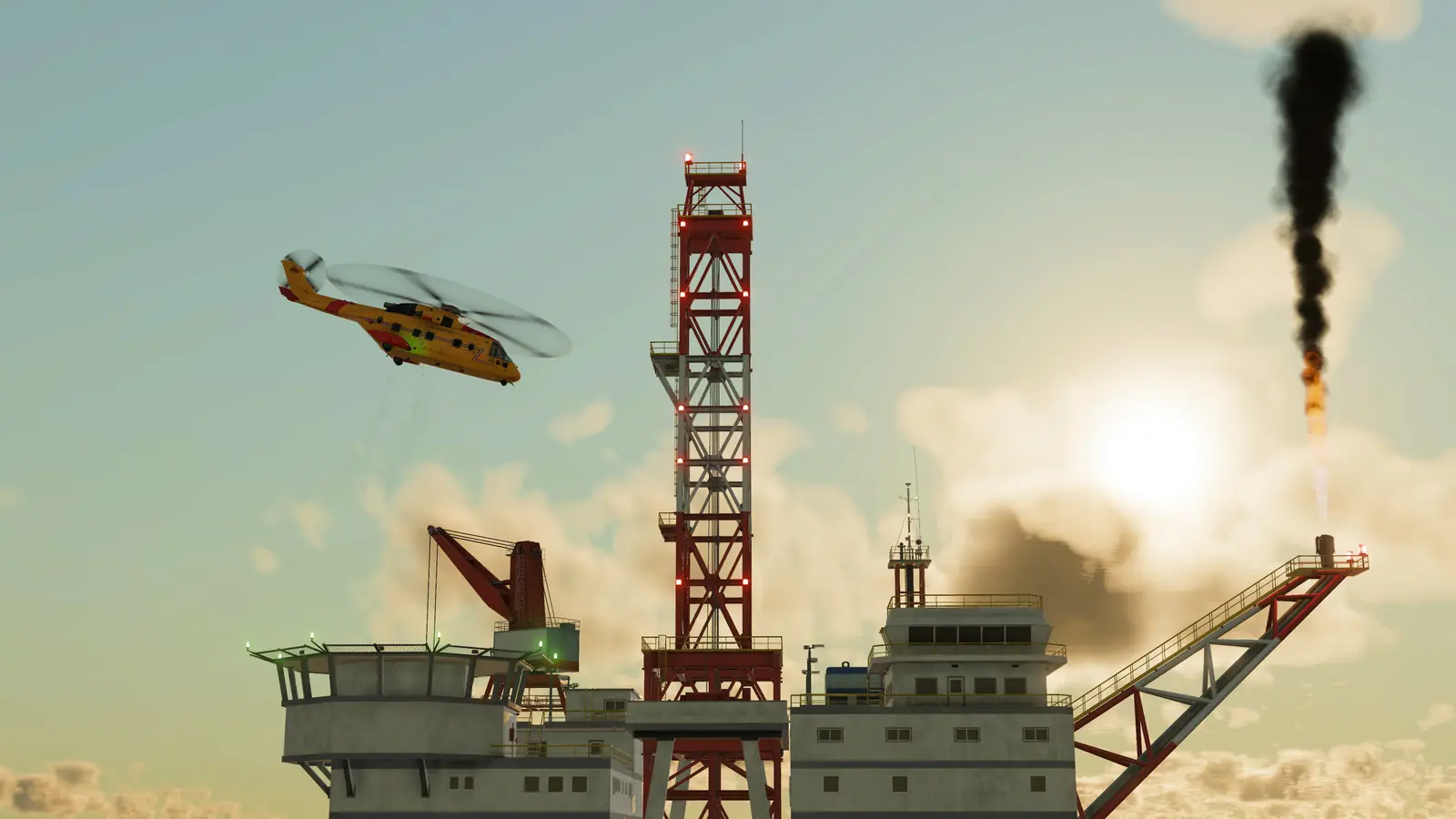 A yellow Transport Fever 3 helicopter lifting off from an offshore oil platform with a red drilling tower and a gas flare at sunset