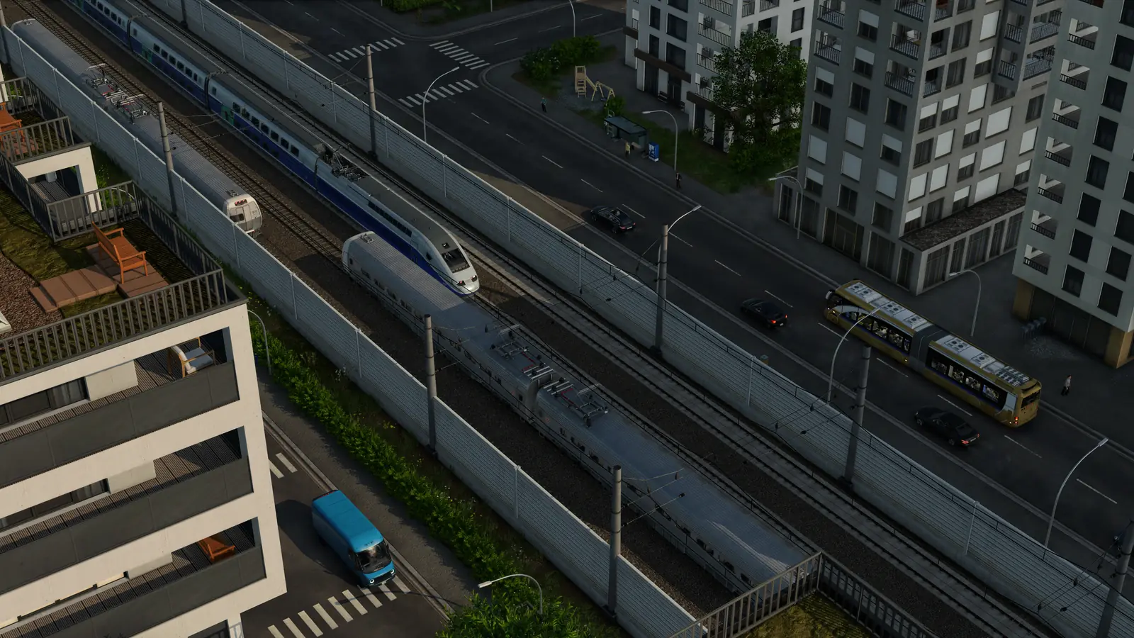 Two high-speed trains on a walled railway through a modern Transport Fever 3 town, next to a busy street