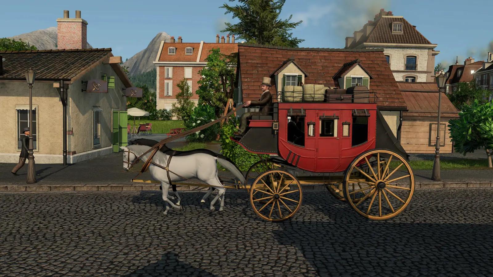 A red horse-drawn coach with luggage on the roof on a cobbled town street in Transport Fever 3