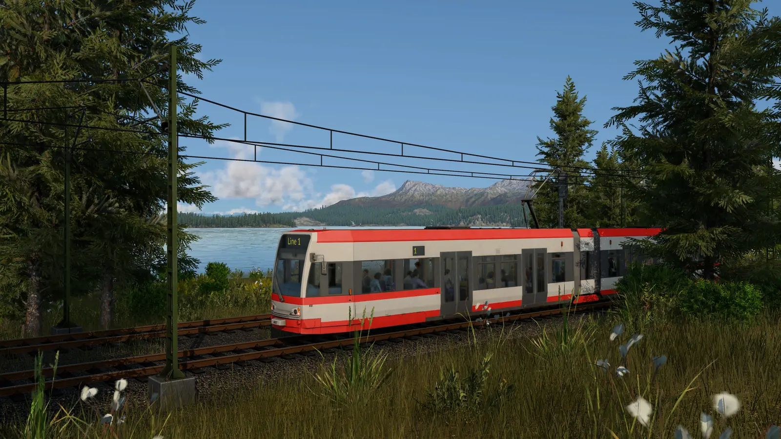 A red and white Line 1 tram on railway track with overhead wires in Transport Fever 3, beside a lake with pine trees and mountains behind