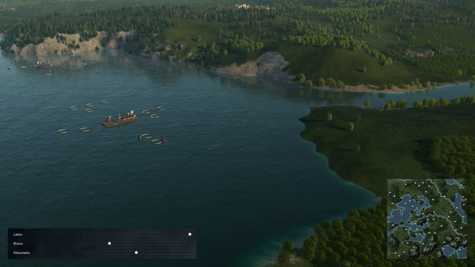 Transport Fever 3 terrain sliders for lakes, rivers and mountains over a forested lake shore, with a preview of the whole map in the corner