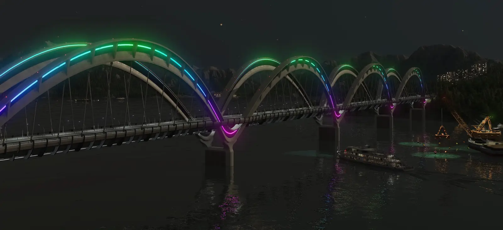 A Transport Fever 3 arch bridge at night, its arches lit in green, blue and pink over dark water with a passenger ship and a floating crane
