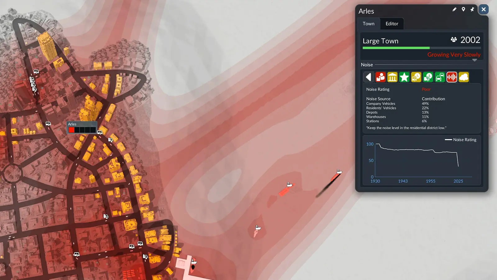The Transport Fever 3 noise layer over a town, with noisy areas in red, affected buildings in orange and the town window listing noise sources
