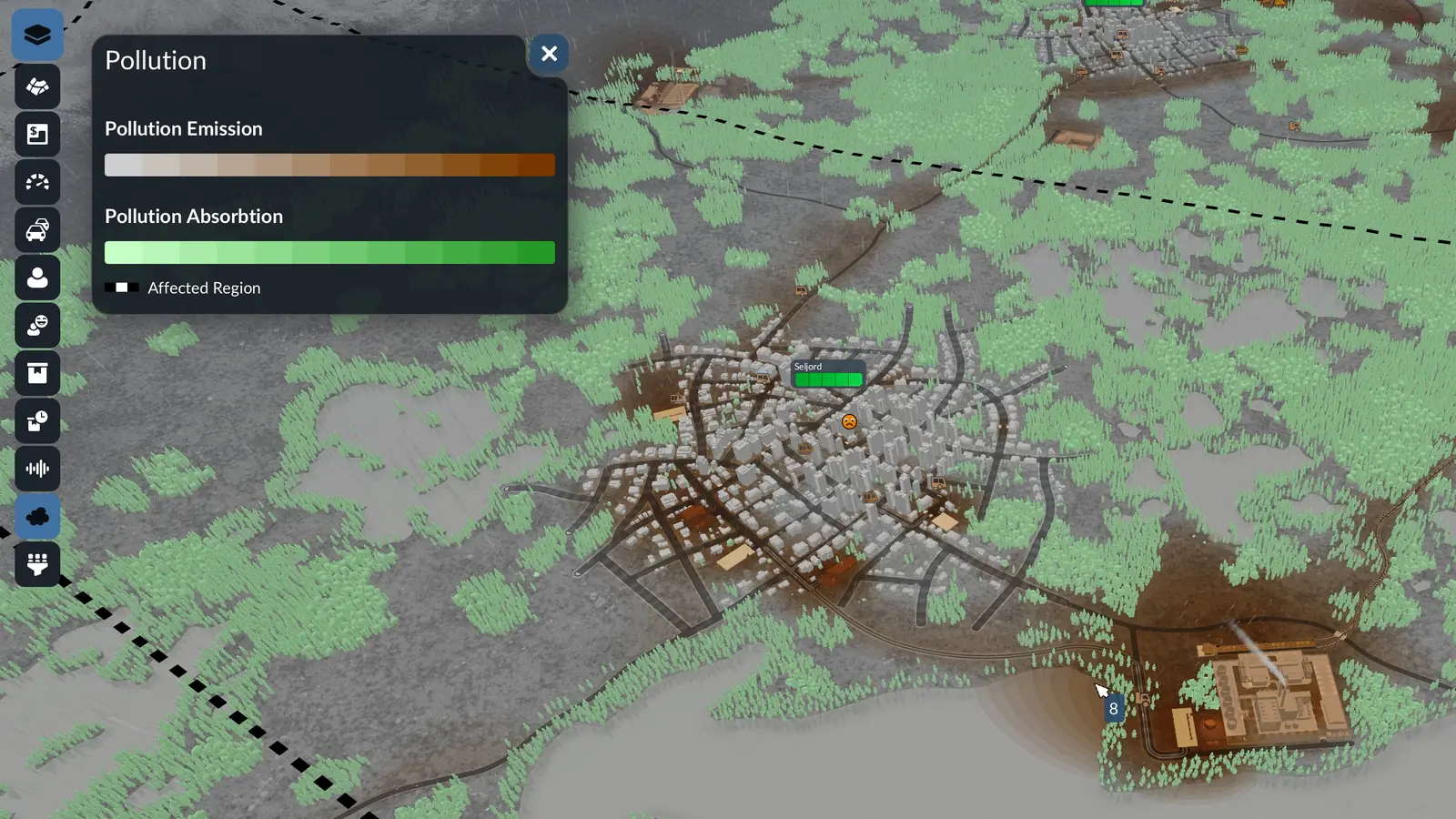 The Transport Fever 3 pollution layer around a town and a lakeside factory, with emissions in brown and absorption in green