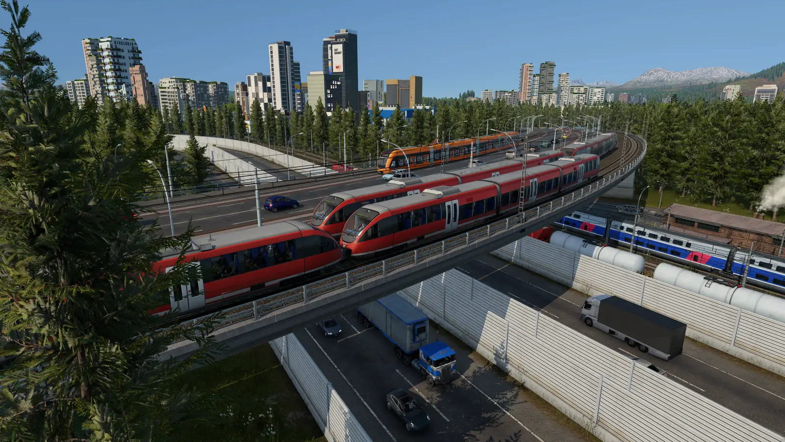 Red regional trains crossing a curved concrete viaduct above a busy highway with trucks in Transport Fever 3, with high-rise towers and snowy mountains behind