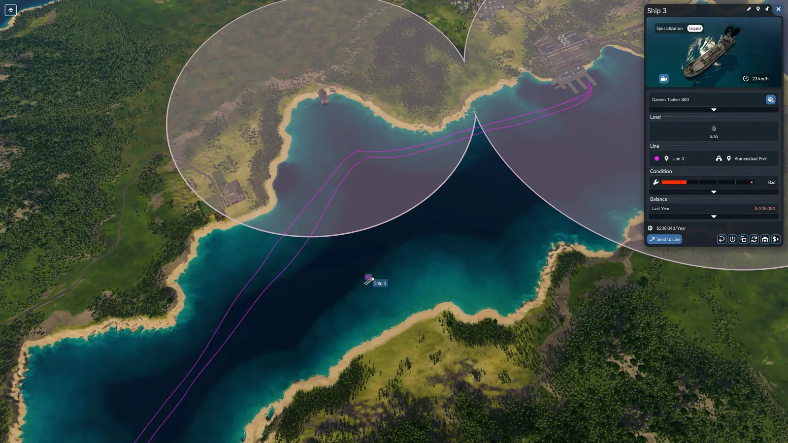 A Transport Fever 3 tanker on its line across a bay, with the route drawn in purple, two station catchment circles and the ship's window showing its line, condition and last year's balance