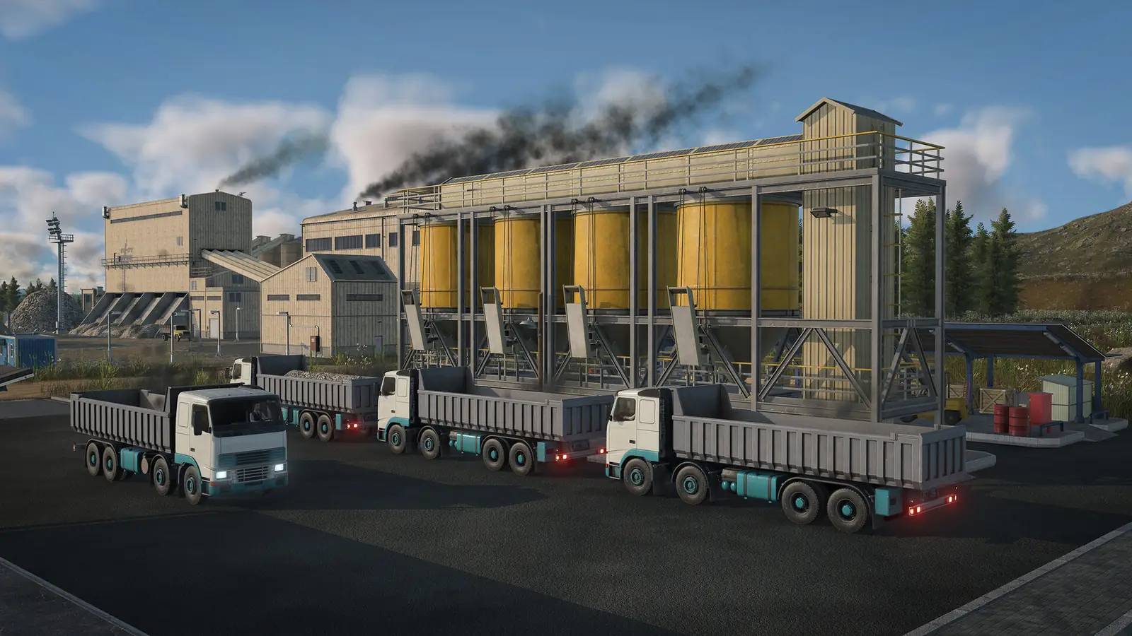 Three dump trucks lined up in front of four yellow silos on a steel frame at a Transport Fever 3 industry, with smoke rising from the factory hall behind them