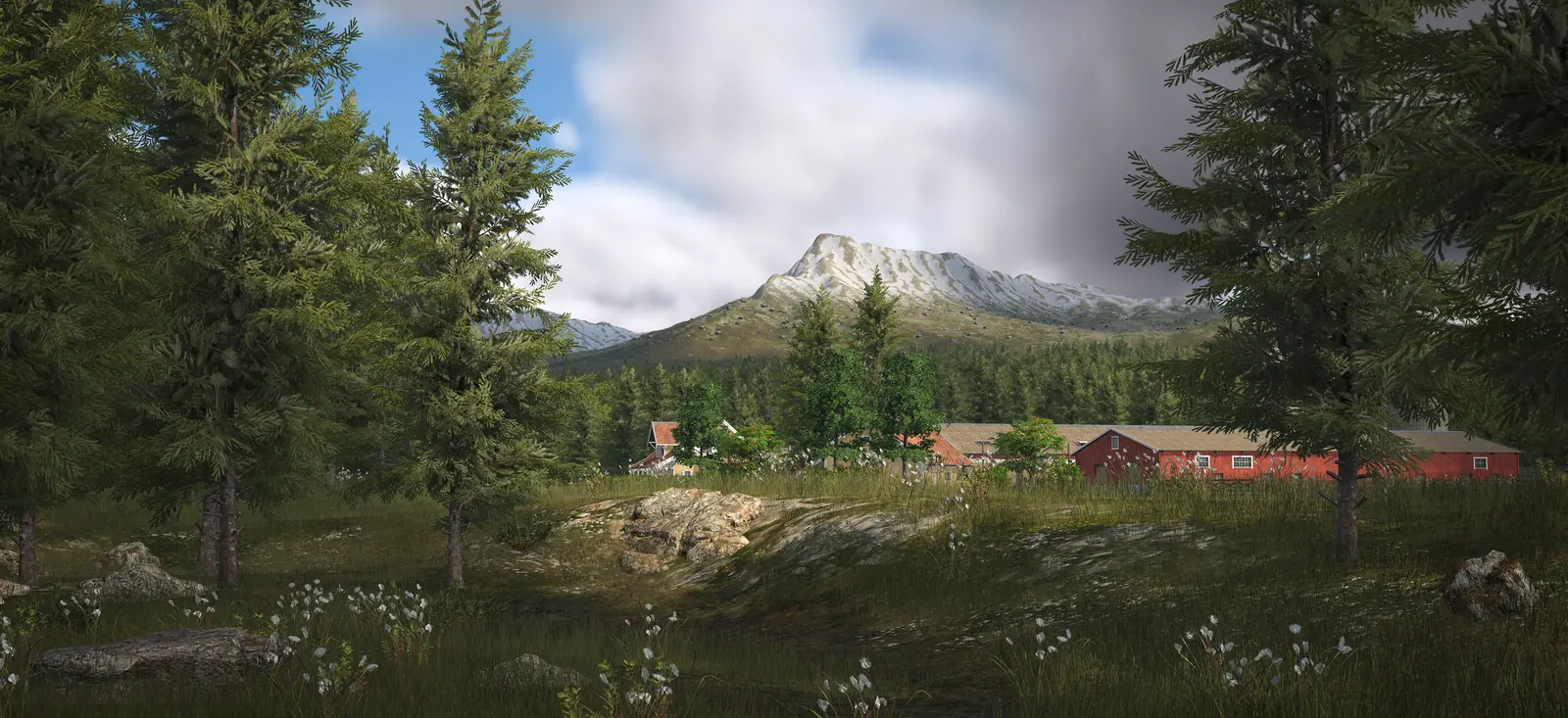 A Transport Fever 3 subarctic landscape: pine trees and a meadow with cotton grass in front of red wooden farm buildings and a snow-capped mountain under heavy clouds