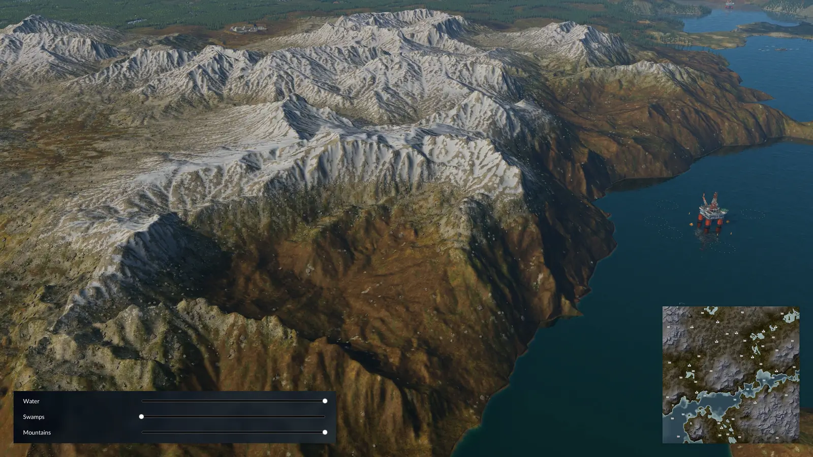 Snowy subarctic mountains along a fjord with an oil platform, and the terrain sliders Water and Mountains turned up and Swamps turned down