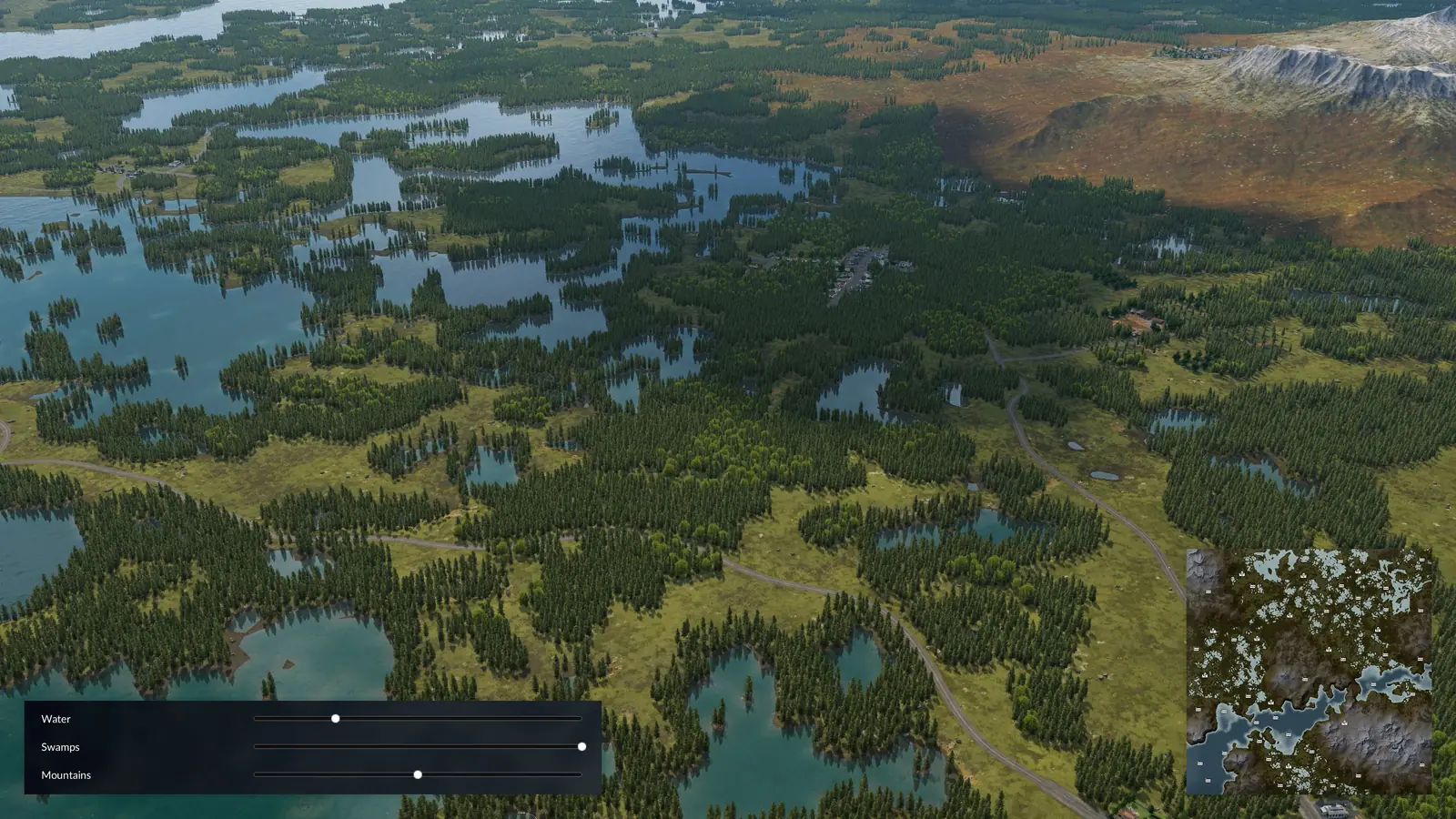 Subarctic swampland with many small lakes between pine forests, and the terrain slider Swamps turned all the way up
