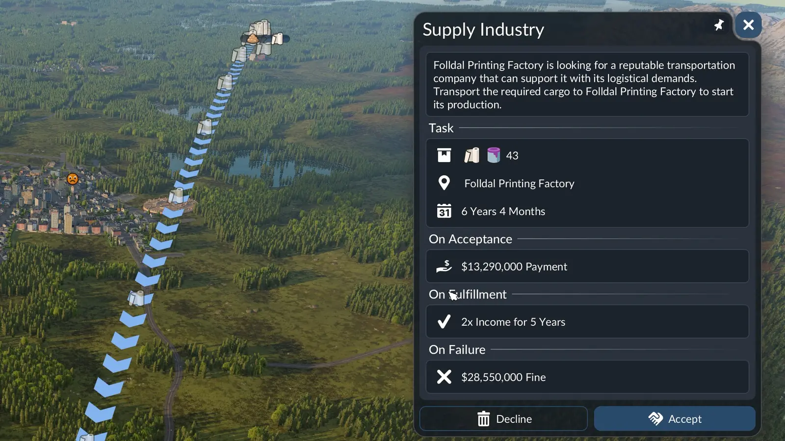 A Transport Fever 3 Supply Industry subsidy offer listing its task, deadline, payment on acceptance, reward and fine