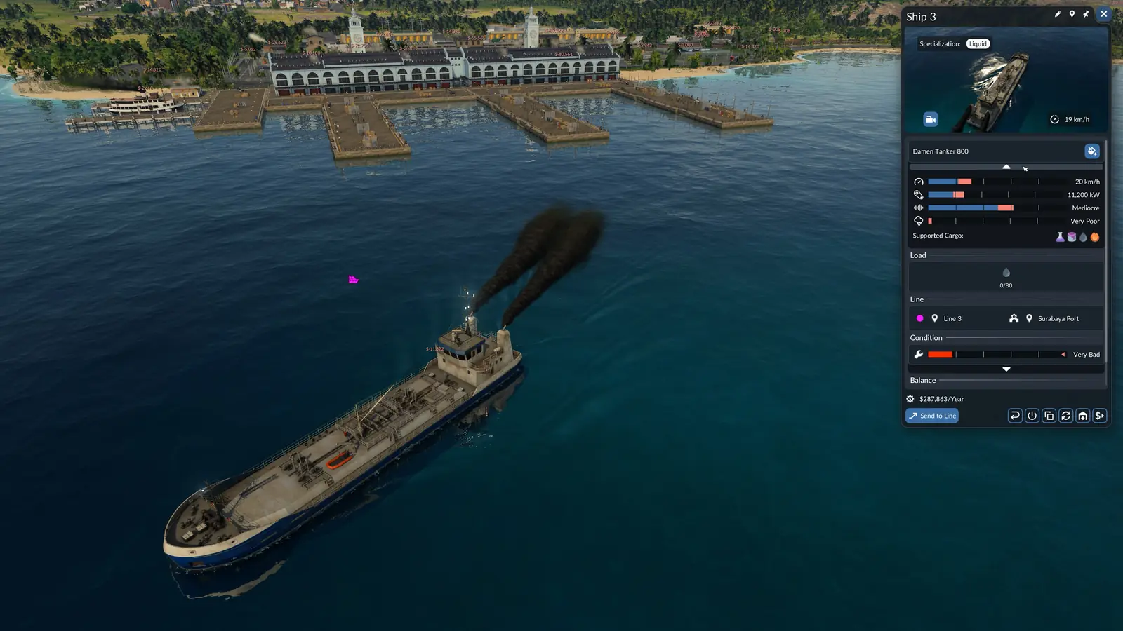 A Damen Tanker 800 at sea off a harbor in Transport Fever 3, with its vehicle window open showing speed, power, load, line, condition Very Bad and balance
