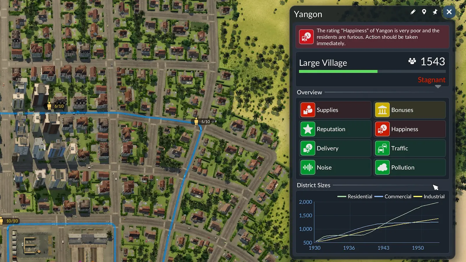 A Transport Fever 3 town window marked Stagnant, with its Supplies and Happiness ratings in red and a warning about unhappy residents