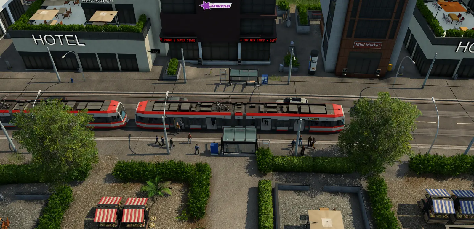 A red and white tram at a stop on a city street in Transport Fever 3, with people walking to its doors, glass shelters, overhead wires and a hotel and shops behind