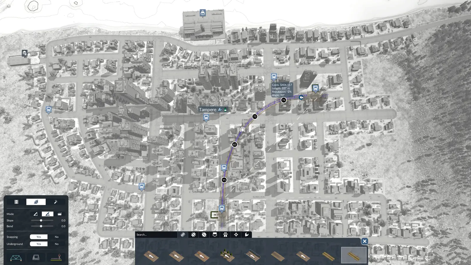 Laying a track in underground mode in Transport Fever 3: the town of Tampere turns gray, the Underground switch is set to Yes in the left panel and the new section shows its cost and length