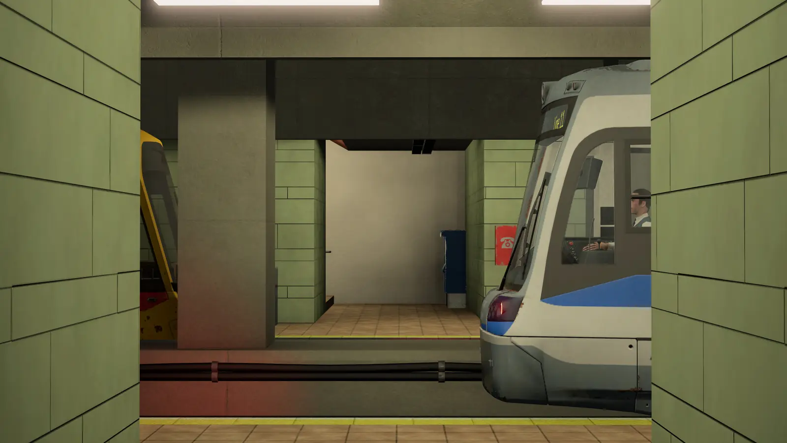 Two trams at the platforms of a Transport Fever 3 underground station with green tiled walls, a blue and white Line 11 tram in front