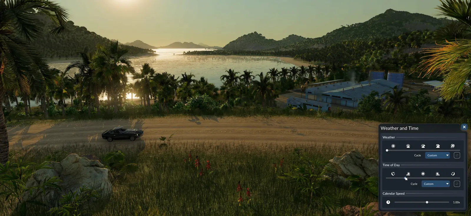 A Transport Fever 3 tropical bay at sunset with palm trees, a dirt road and a factory, and the Weather and Time window with sliders for weather, time of day and calendar speed